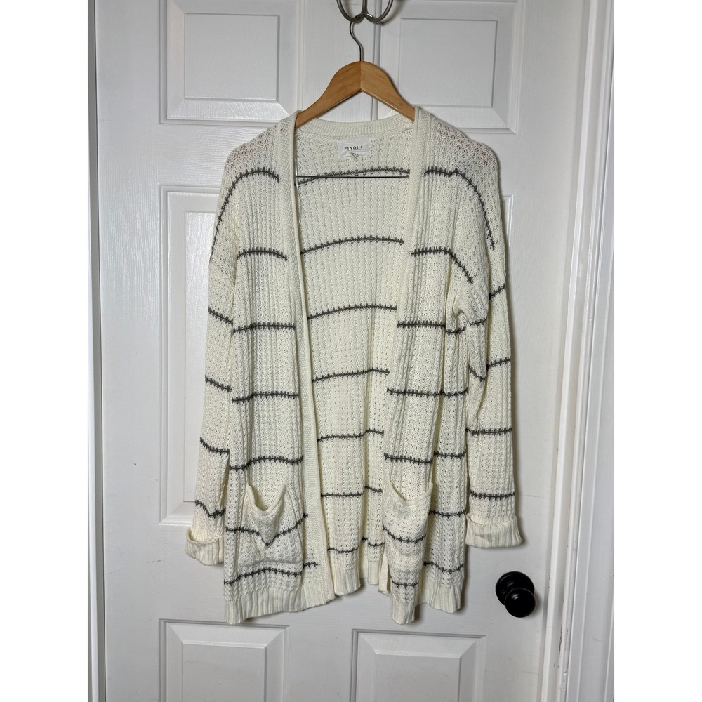 Pinque Design Studio Womens Large Cream White Striped Pointelle Knit Cardigan